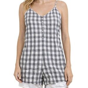 Sugar Lips Gingham Romper M‎ Grey White Button Front Cottagecore Picnic Summer